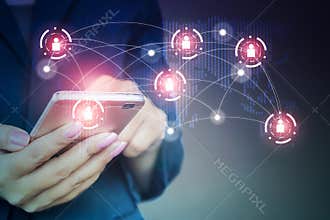 business woman with smart phone in hand connecting to people and technology abstract global