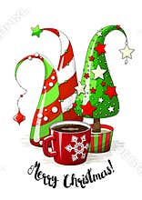 Group of abstract christmas trees and coffee cup, holiday motive, illustration