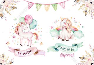 Isolated cute watercolor unicorn clipart. Nursery unicorns illustration. Princess rainbow unicorns poster. Trendy pink