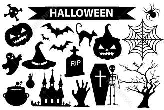 Happy Halloween icons set, black silhouette style. Isolated on white background. Halloween collection of design elements