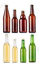 Collection different types and colors beer bottles, isolated, mock up.