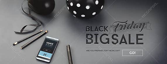 Black Friday sale banner, with black letters, balloon, pencils, ribbon and android cell-phone.
