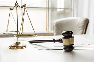 Gavel in courtroom working office of lawyer
