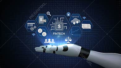 Financial technology illustration icon and various graph on robot, cyborg arm.