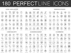 180 modern thin line icons set of legal, law and justice, insurance, banking finance, cyber security, economics market
