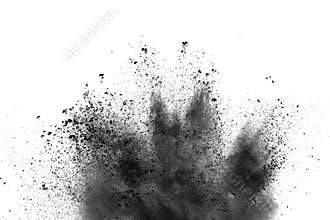 Closeup of black dust particles splash isolated on background.