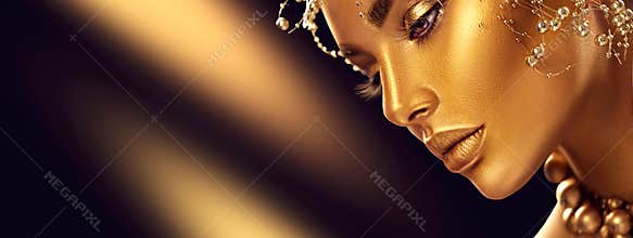 Beauty model girl with holiday golden shiny professional makeup. Gold jewelry and accessories
