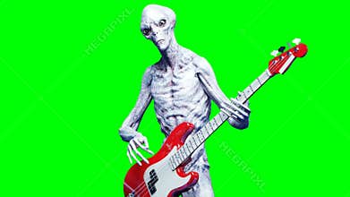 Funny alien plays on bass guitar. Realistic motion and skin shaders. 4K green screen footage.