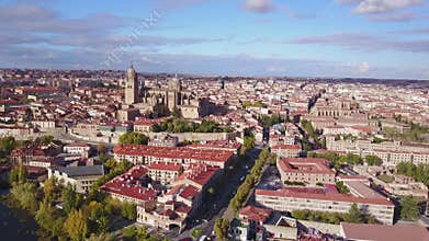 Historic cathedral elevated over big city of Salamanca, Spain