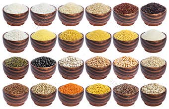 Cereals set isolated on white background. Collection of different groats, rice, beans and lentils in wooden bowls