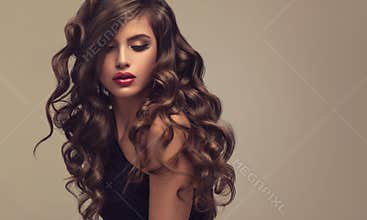 Brown haired woman with voluminous, shiny and curly hairstyle.Frizzy hair.