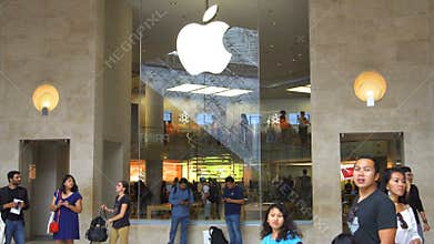 PARIS, FRANCE- CIRCA August 2017: Apple store inside famous Louvre museum under Arch Carrousel