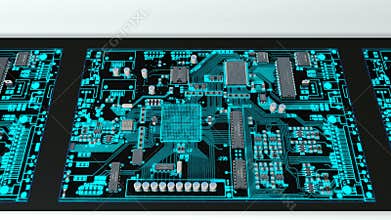Robot arm assembles a computer on factory, loop