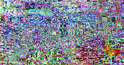 Abstract multi color realistic screen glitch flickering, analog vintage TV signal with bad interference and color bars, static
