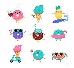 Sweet summer - cute ice cream, watermelon and donuts characters make fun
