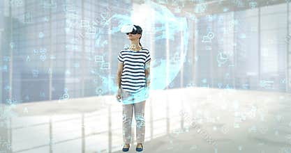 Woman using virtual reality headset with digitally generated business icons 4k