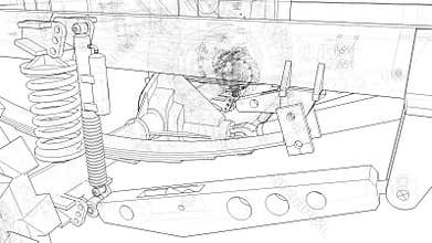 Schematic chassis of a large SUV with four-wheel drive. Moving the camera along the model, the span between the