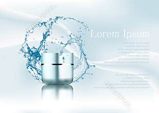 Advertising magazine page,Splash of water,empty realistic blue-silver plastic cream jar.Cosmetic beauty product package