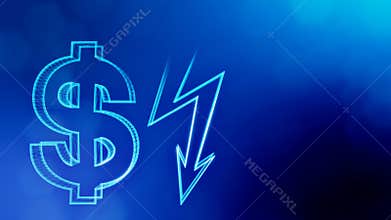 Dollar sign and emblem of lighting bolt. Finance background of luminous particles. 3D loop animation with depth of field