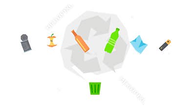 Sorting waste management for recycling. Recyclable things, recycle sign and trash can. Can be used for ecological design