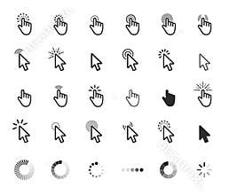 Computer mouse click cursor gray arrow icons set and loading icon. Vector illustration.