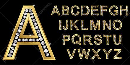 Golden alphabet with diamonds, letters from A to Z