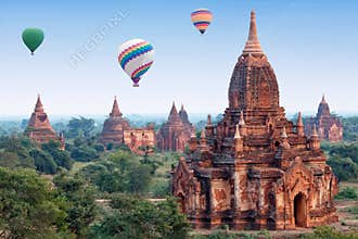 Colorful hot air balloons flying over Bagan, Myanmar