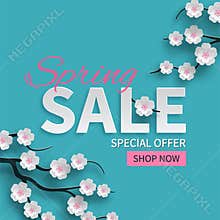 Spring sale floral banner with paper cut blooming pink cherry flowers on blue background for seasonal design of banner, flyer