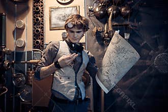 Portrait of a young mad scientist traveler in a steampunk style