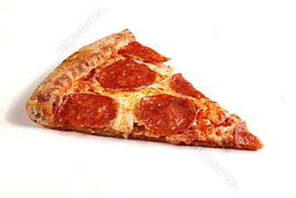 Slice of classic original Pepperoni Pizza isolated on white background