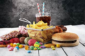 Unhealthy products. food bad for figure, skin, heart and teeth.