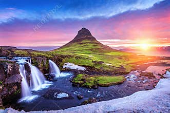 Kirkjufell at sunrise in Iceland. Beautiful landscape and sunrise