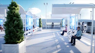 People and robots. Sci fi station. Futuristic monorail transport. Concept of future. Realistic 4K animation.