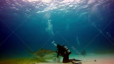 Caresses with a big Bull Shark underwater Atlantic Ocean.