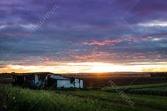 Dramatic ultra violet summer sunset over farm and white shanty