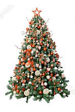 Modern christmas tree isolated on white background, decorated with vintage ornaments; ratan balls, burlap and tartan ribbons, wood
