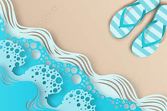 Abstract paper art sea or ocean water waves and beach and slippers