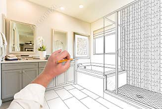 Hand Drawing Custom Master Bathroom with Cross Section
