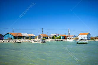Ile d`Oleron. Colored huts of oyster farmers. Charente Martime, France