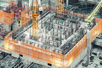 Top view of an under construction building. Civil engineering, industrial development project, tower basement infrastructure