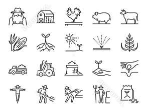 Farm and agriculture line icon set. Included the icons as farmer, cultivation, plant, crop, livestock, cattle, farm, barn and more