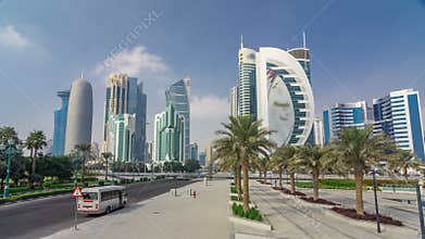 The high-rise district of Doha with traffic on intersection timelapse hyperlapse