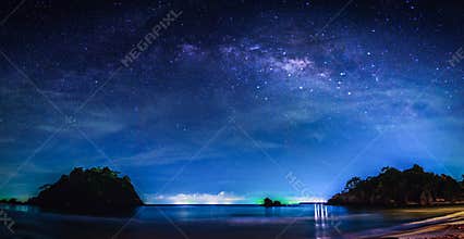 Landscape with Milky way galaxy. Night sky with stars and milky