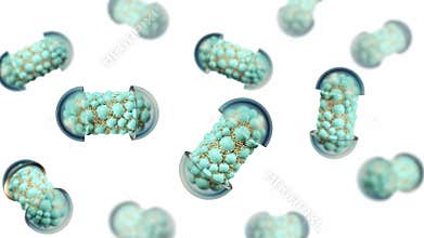 Colorful abstract chaotic structure balls inside the capsule, pharmacy and medical concept isolated on white background