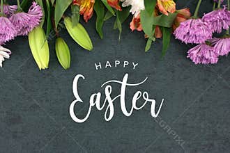 Happy Easter Text With Beautiful Colorful Flowers Bouquet Border