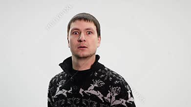 Scared man is frightened and afraid, funny expression