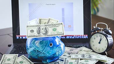 Dollar money banknotes increase and decrease to a piggy bank