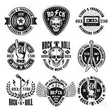Rock n roll music vintage emblems, labels, badges