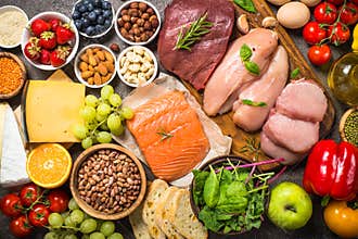 Balanced diet food background.