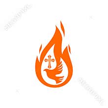 Church logo. Christian symbols. Dove, the flame of the Holy Spirit and the cross of Jesus.